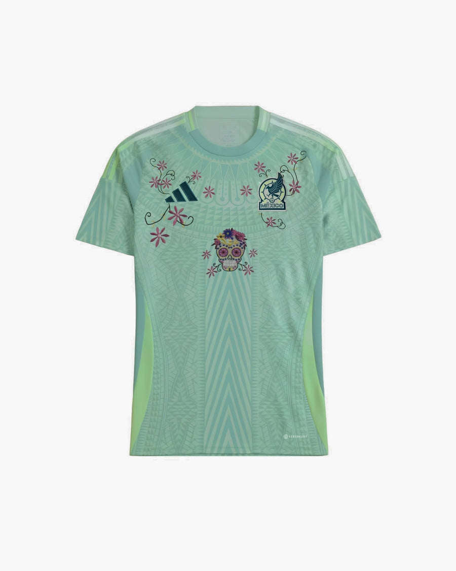 Mexico hand-embroidered football shirt in mint / green, front view — CRID