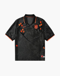 Netherlands hand-embroidered football shirt in black / orange, front view — CRID