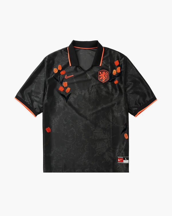 Netherlands hand-embroidered football shirt in black / orange, front view — CRID