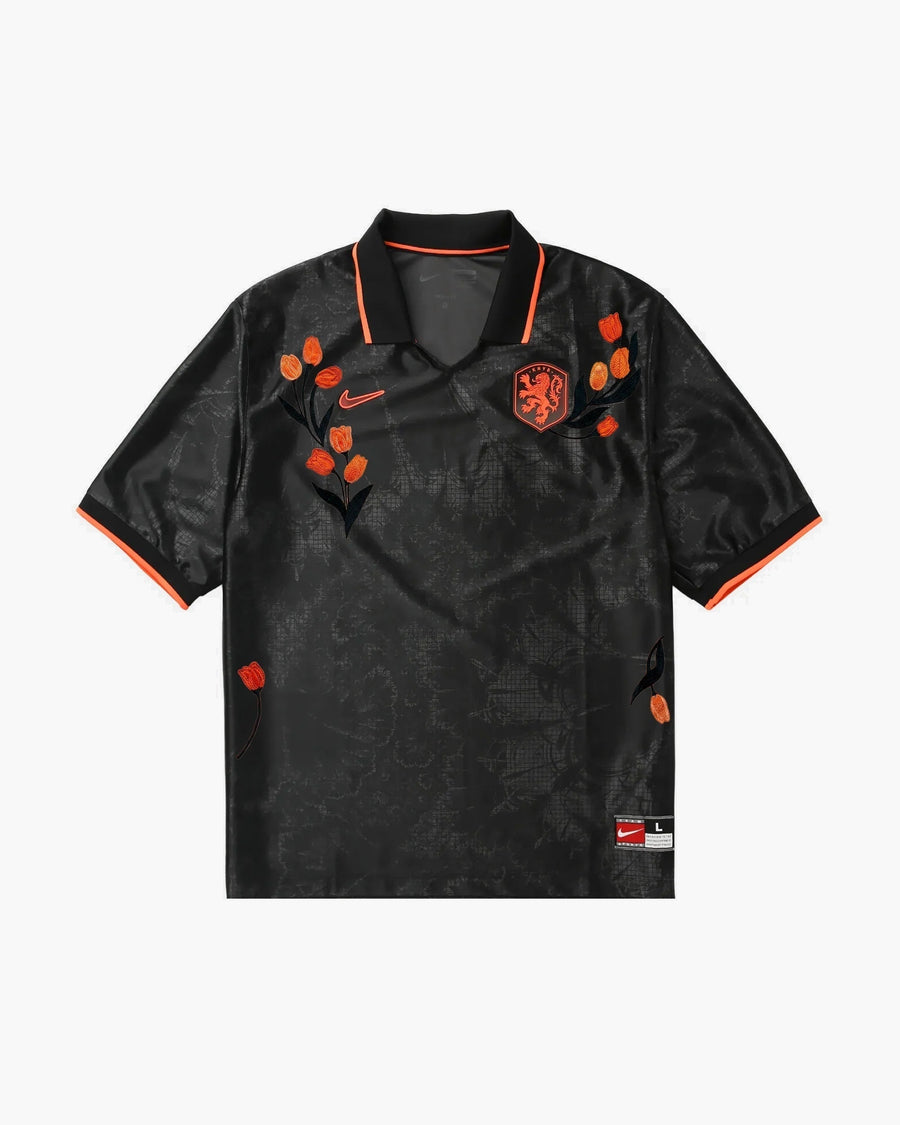 Netherlands hand-embroidered football shirt in black / orange, front view — CRID