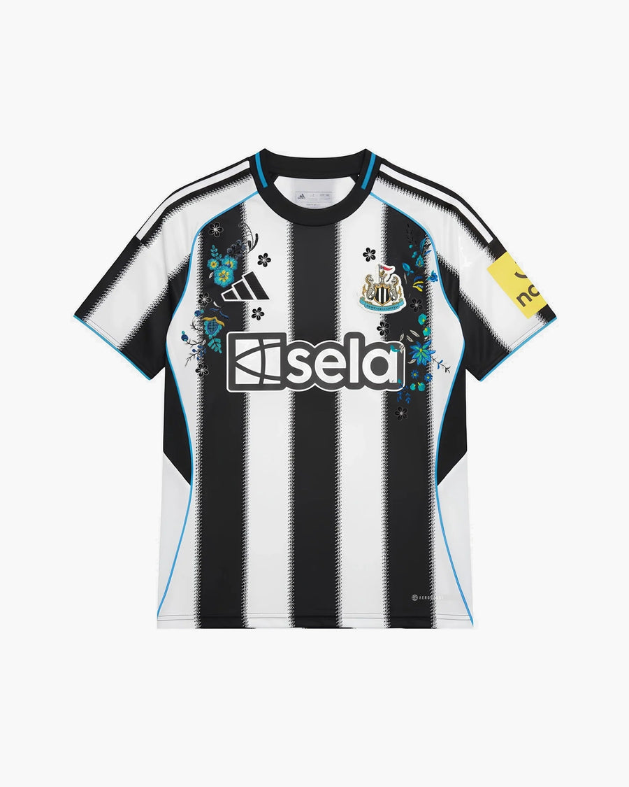 Newcastle hand-embroidered football shirt in black / white, front view — CRID