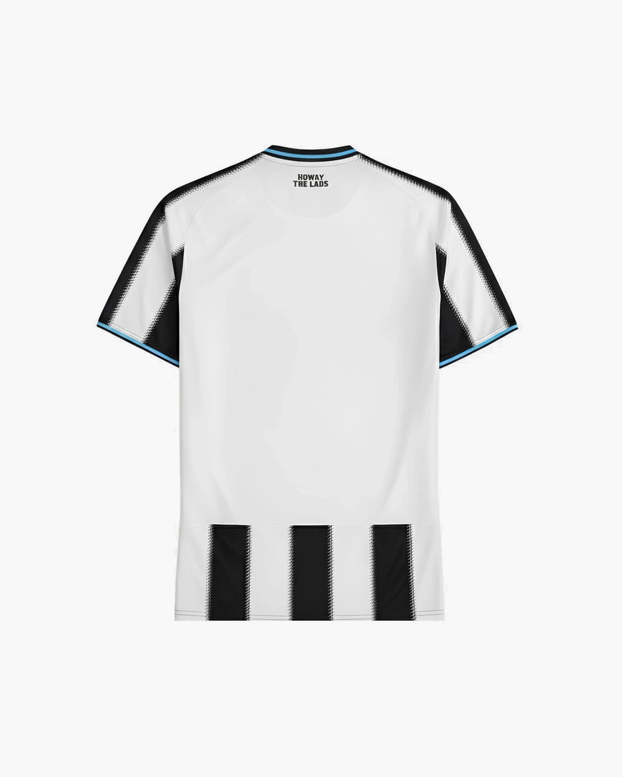 Newcastle hand-embroidered football shirt in black / white, back view — CRID