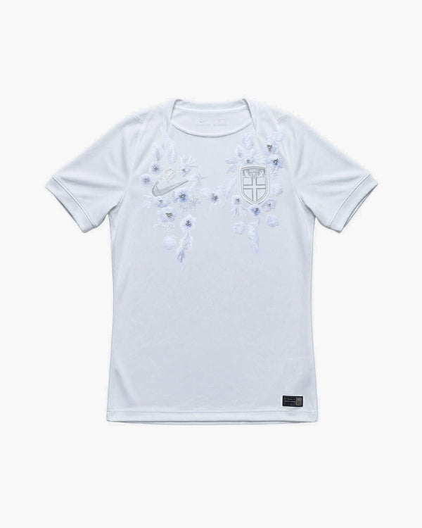 Norway hand-embroidered football shirt in white, front view — CRID
