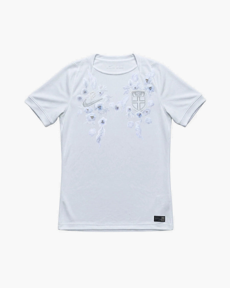 Norway hand-embroidered football shirt in white, front view — CRID