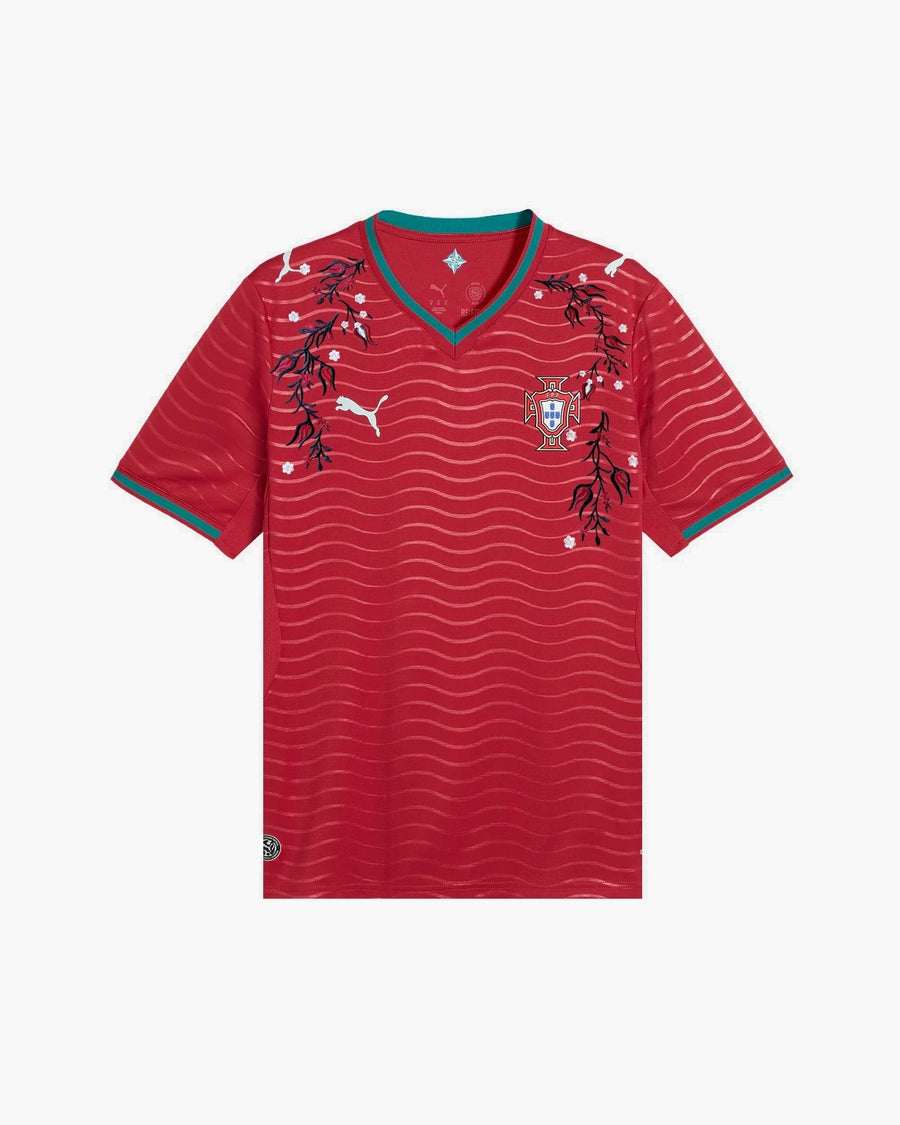 Portugal hand-embroidered football shirt in red / green, front view — CRID