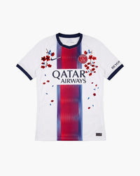 PSG hand-embroidered football shirt in white / red, front view — CRID