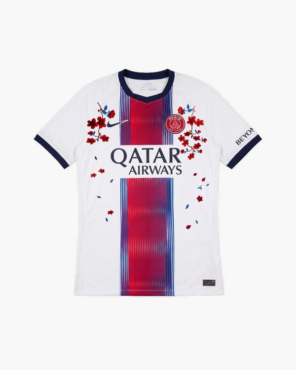 PSG hand-embroidered football shirt in white / red, front view — CRID