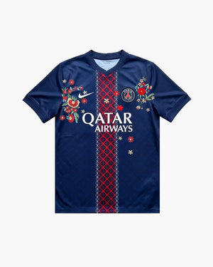 PSG hand-embroidered football shirt in navy / red, front view — CRID