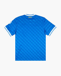 Real Madrid hand-embroidered football shirt in blue / gold, back view — CRID
