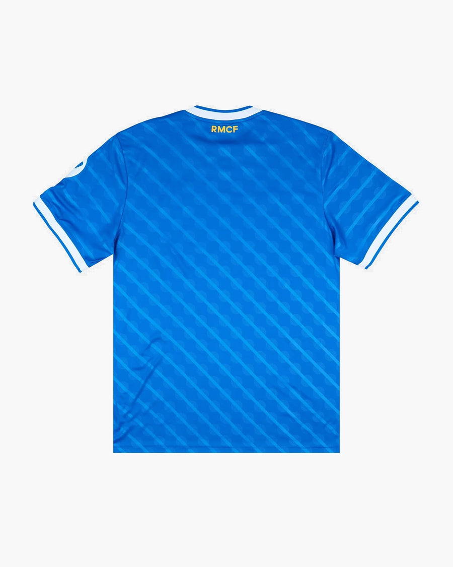 Real Madrid hand-embroidered football shirt in blue / gold, back view — CRID