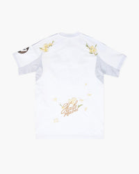 Real Madrid hand-embroidered football shirt in white / gold, back view — CRID