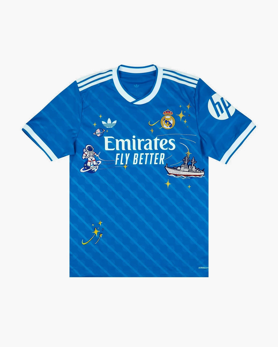 Real Madrid hand-embroidered football shirt in blue / gold, front view — CRID