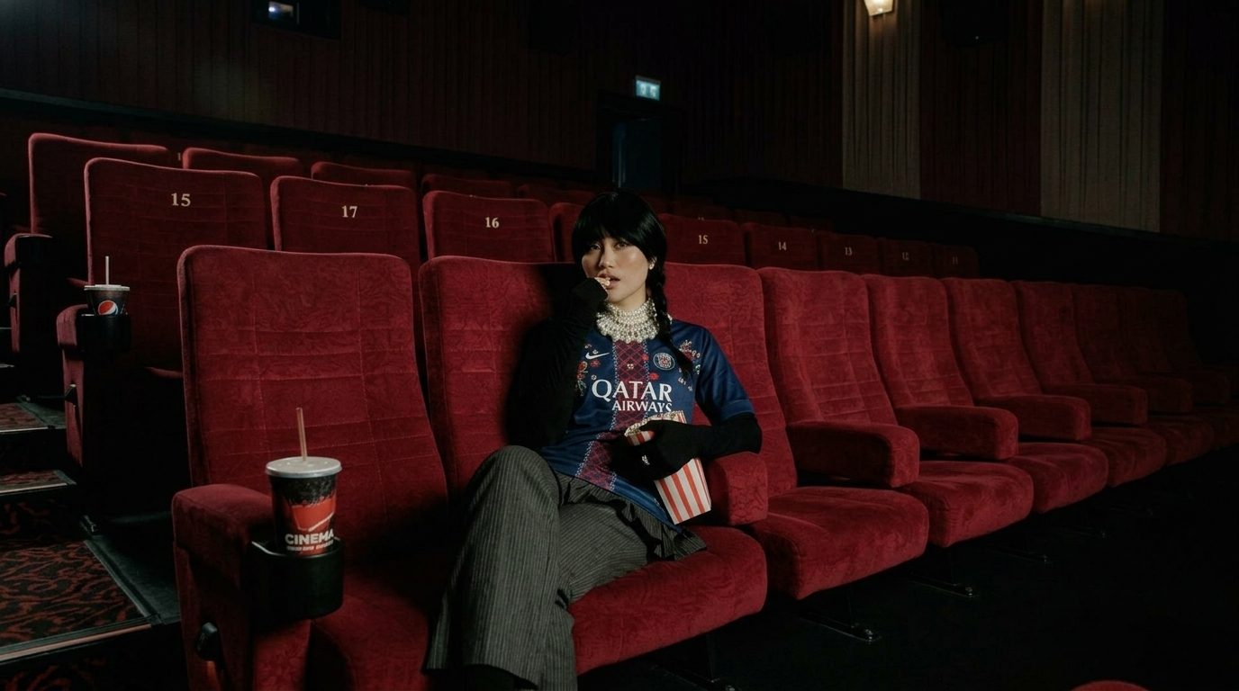 Supporter in a football jersey alone in a row of red cinema seats, popcorn in hand