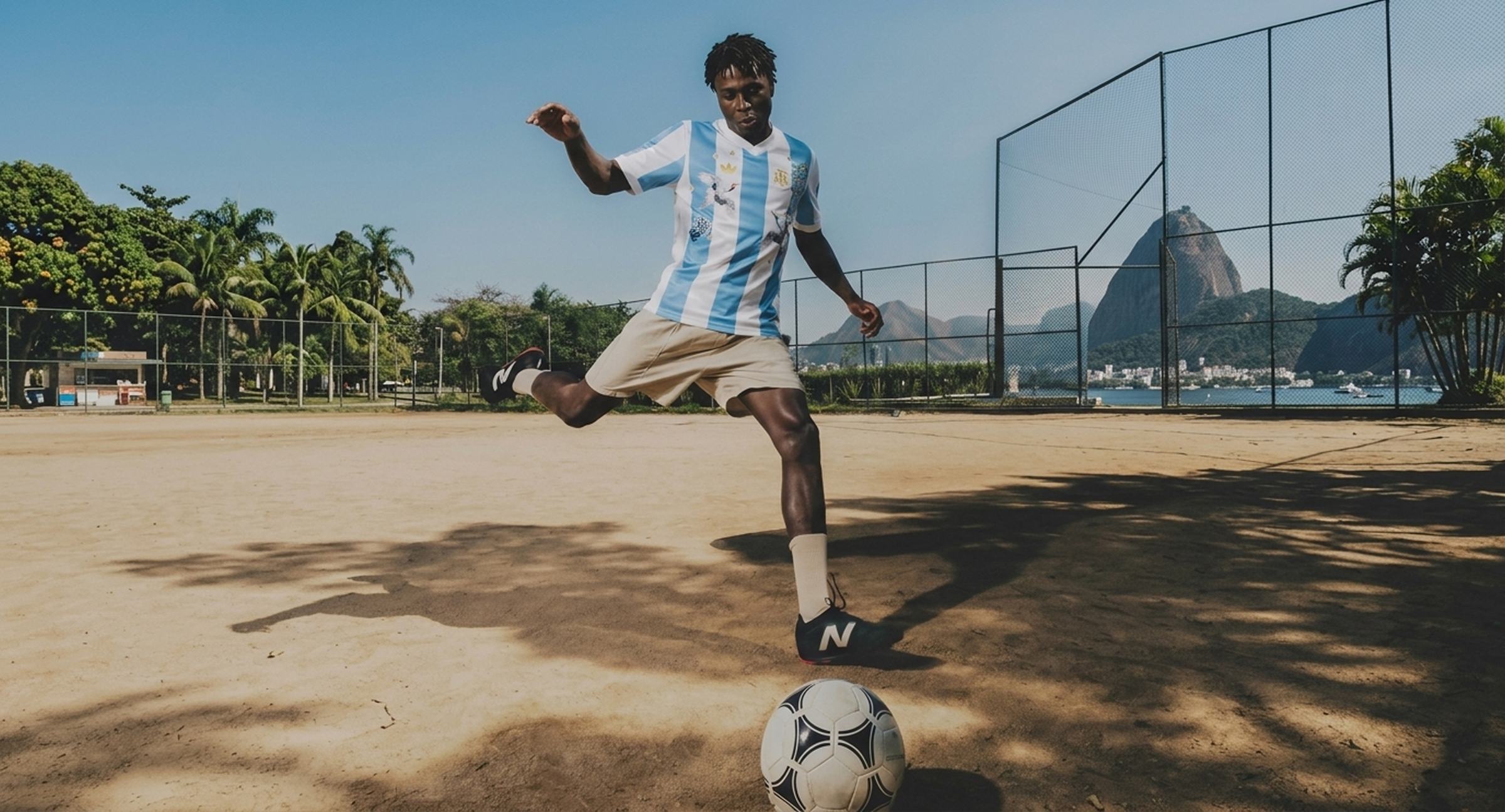 Player in a light blue and white striped national jersey on a dirt pitch, ball at his feet